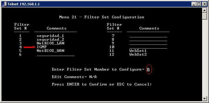 Menú Filter Set Configuration