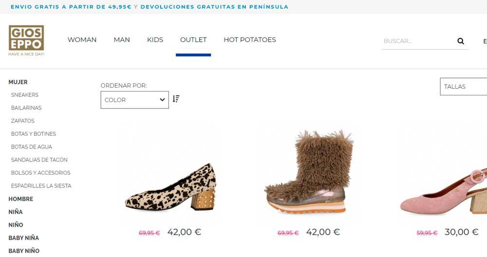 Captura de pantalla de la página web de la tienda online Gioseppo.