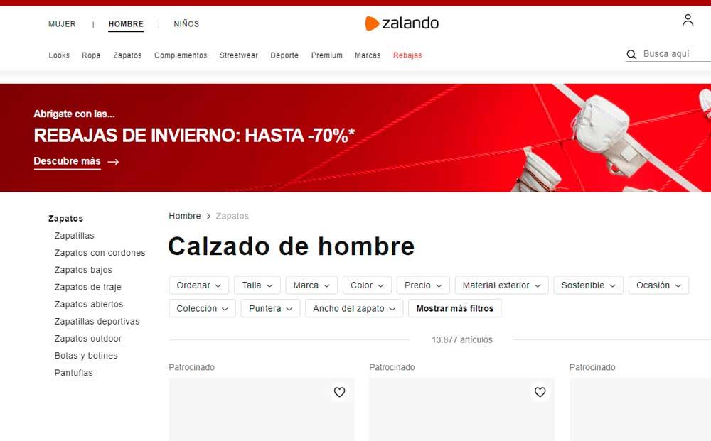 Captura de pantalla de la página web de la tienda online Zalando.