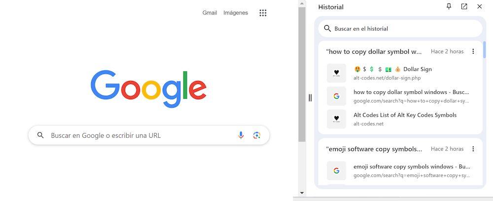 Captura de la opción de Historial agrupado que tiene Google Chrome