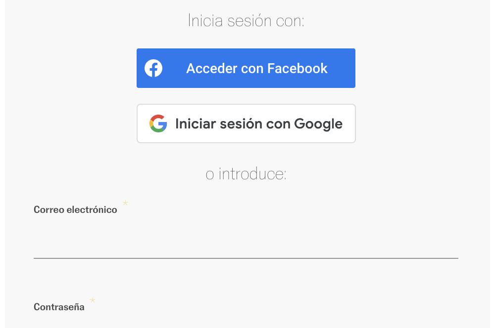 Opciones de inicio de sesión con cuentas de Google y Facebook en el periódico El País.