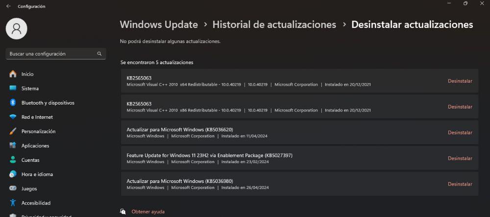 Desinstalar actualizaciones Windows