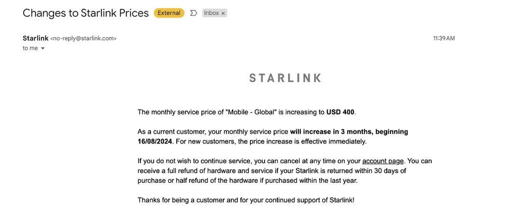Message from Starlink about price increases in May 2024