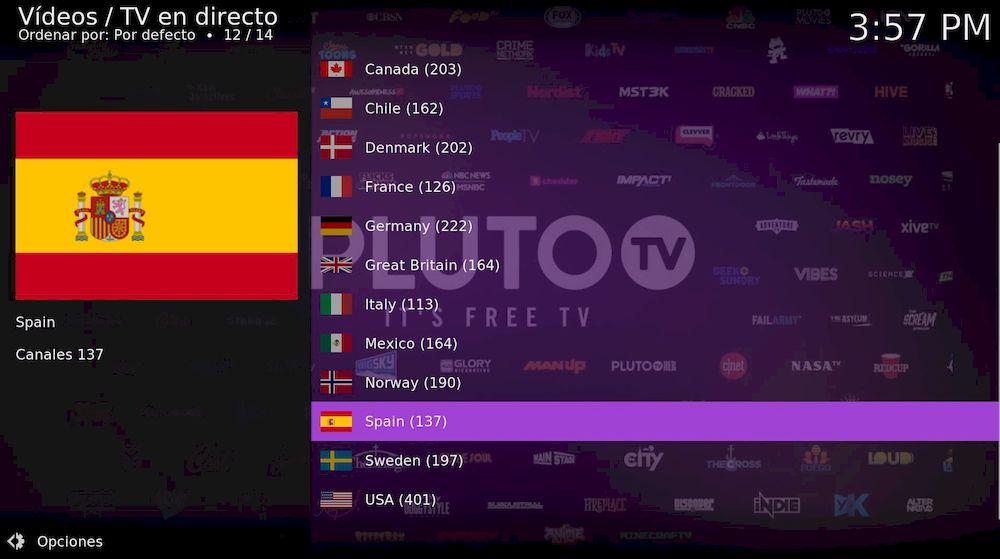 Lista de países disponibles en Pluto TV en Kodi