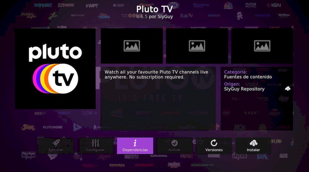 Interfaz del addon de Pluto TV para usar en Kodi
