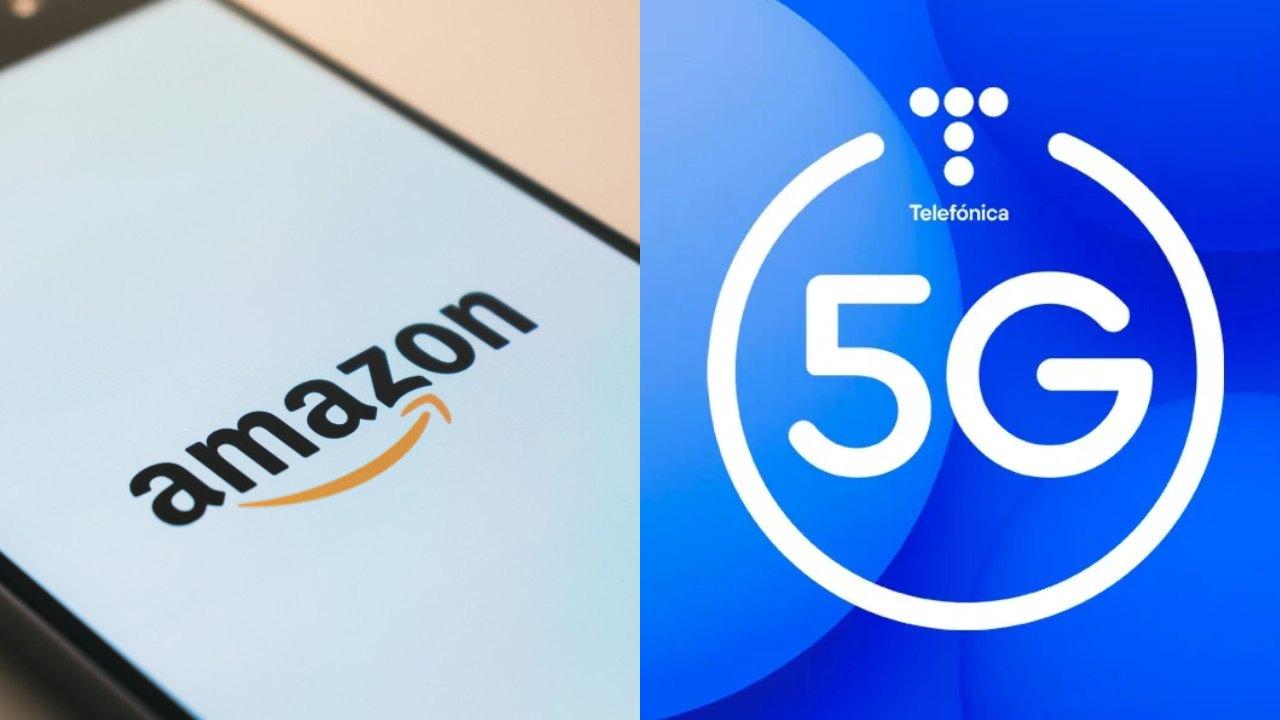Logotipo de Amazon en un móvil junto a un símbolo de 5G de Telefónica.