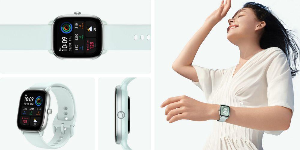 Una chica utiliza el Pantalla del smartwatch modelo Amazfit GTS 4 Mini y varias fotos adicionales