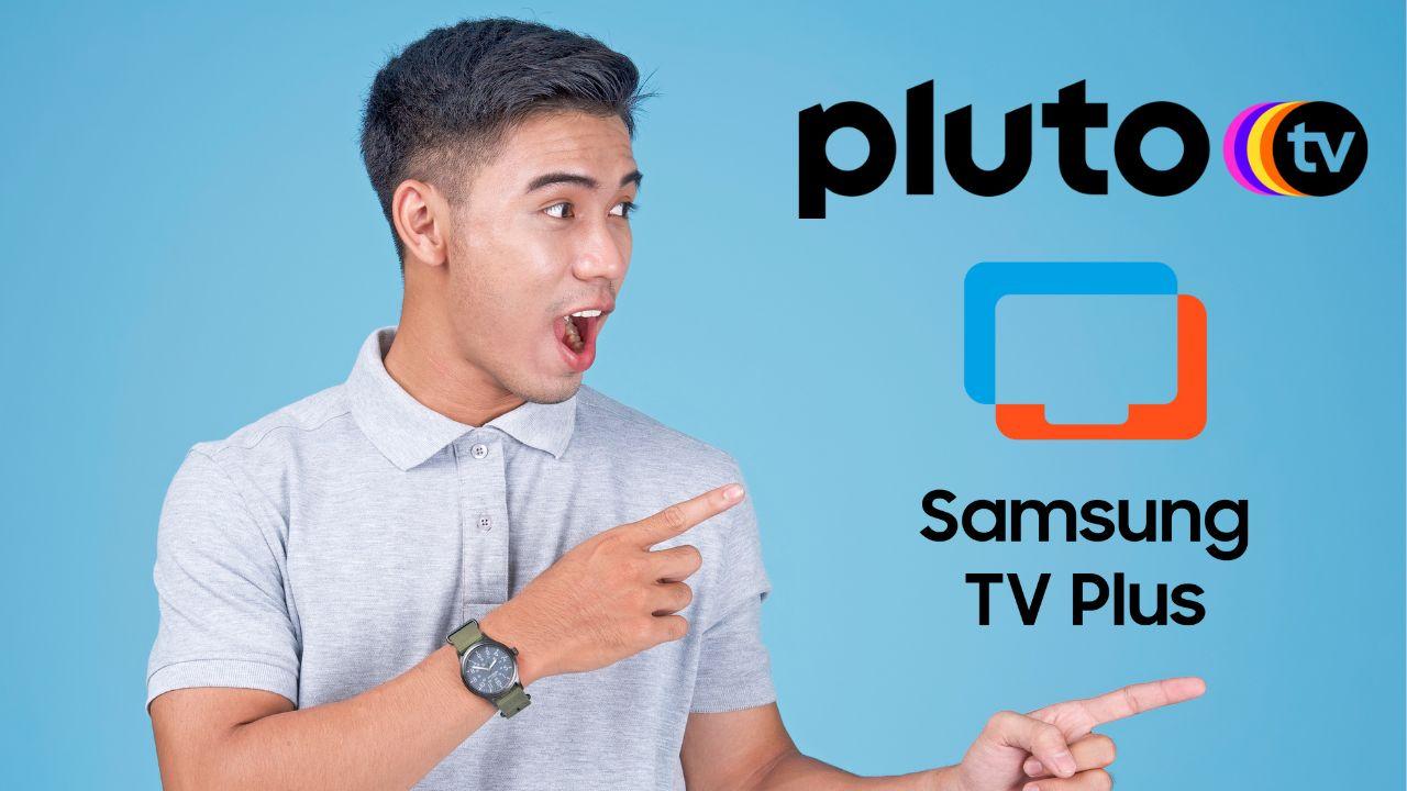 Un chico sorprendido mira los logos de Pluto TV y Samsung TV Plus