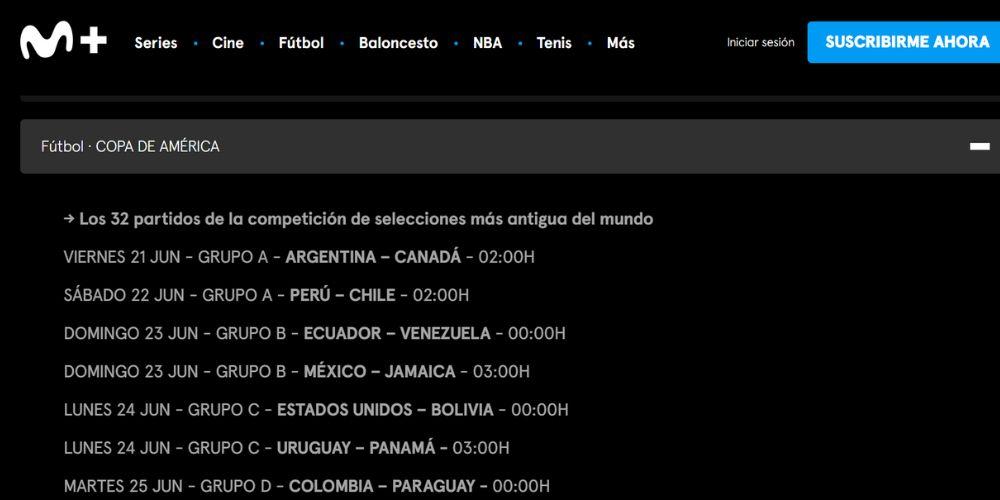 Programación inicial de la Copa América 2024 en la interfaz de Movistar Plus+