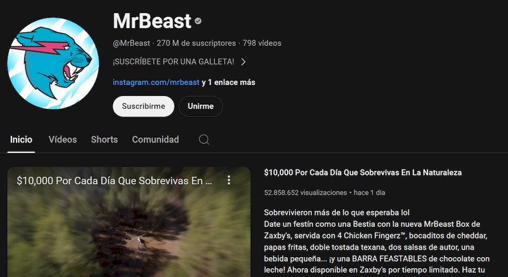 Perfil del canal de MrBeast en YouTube