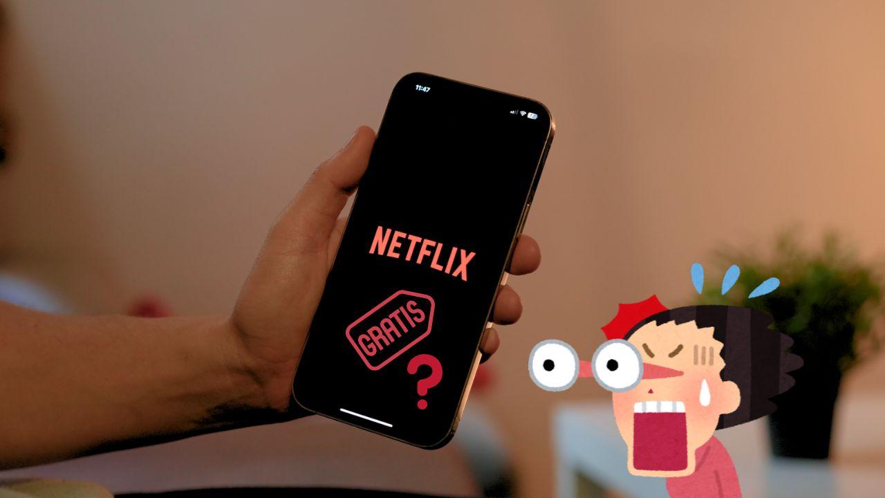Un móvil con el logo de Netflix y una exclamación de gratis con sorpresa