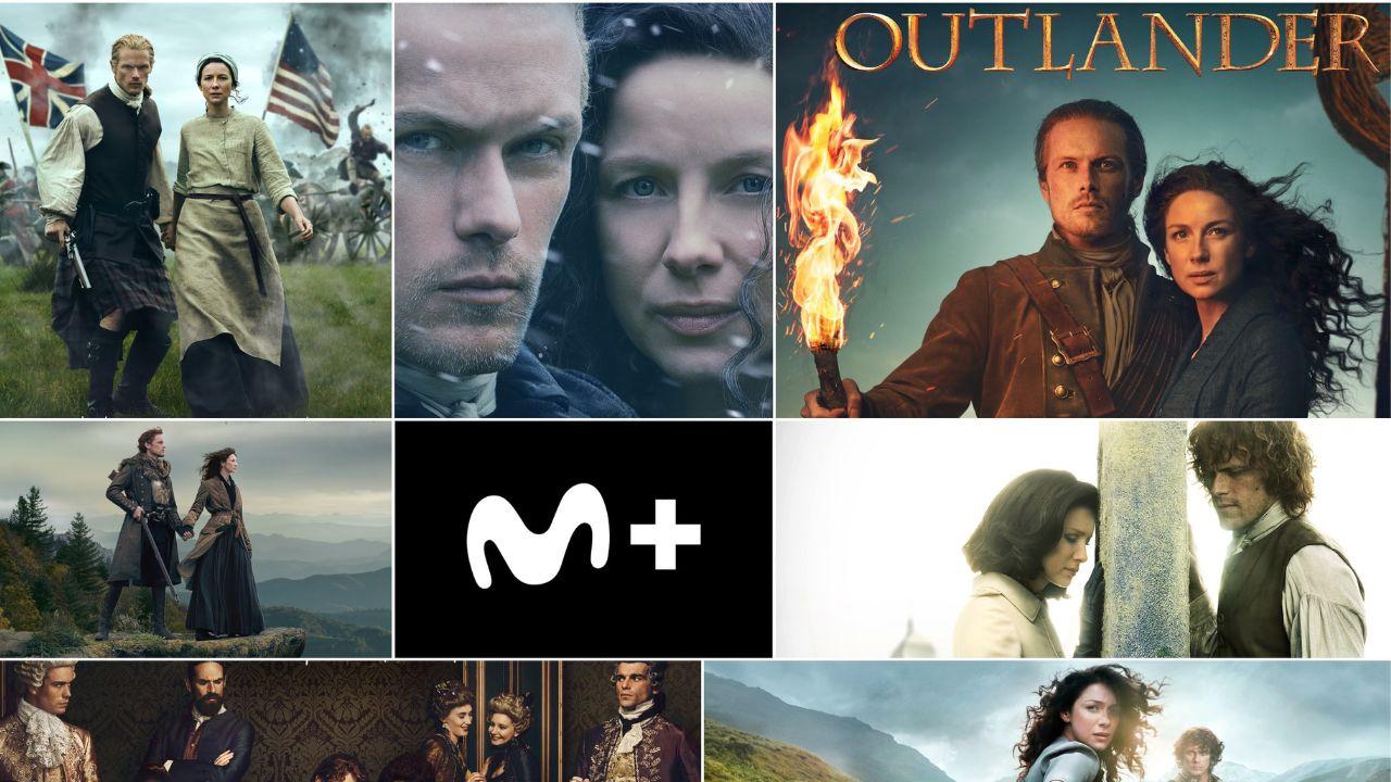 Moments from the Outlander series with the Movistar Plus+ logo