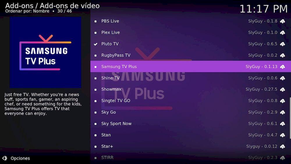 Instalación del addon Samsung TV Plus en el programa Kodi