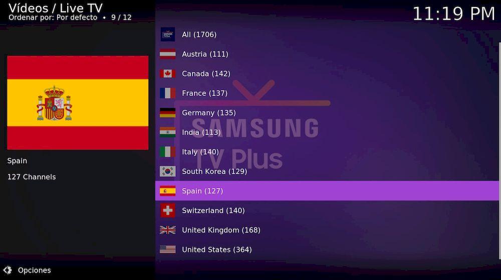 Eligiendo país en el addon de Samsung TV Plus en Kodi
